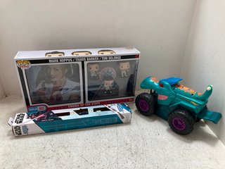 3 X ASSORTED CHILDRENS TOYS TO INCLUDE BOX OF MATTEL HOT WHEELS MONSTER TRUCKS CAR CHOMPIN MEGA - WREX VEHICLES: LOCATION - A14