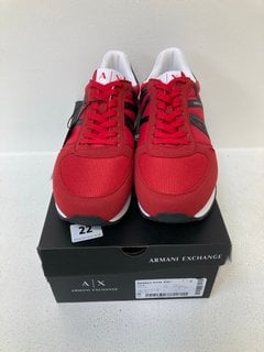 ARMANI EXCHANGE XUX017 MESH/SUEDE LOGO PRINT TRAINERS IN RED/BLACK SIZE: 9 RRP - £195: LOCATION - WHITE BOOTH