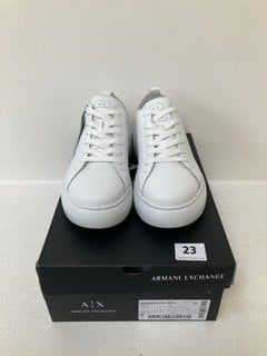 ARMANI EXCHANGE XDX043 LEATHER LACE UP TRAINERS IN WHITE SIZE: 3 RRP - £110: LOCATION - WHITE BOOTH