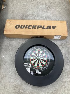 3 X ITEMS TO INCLUDE EVERSCORE NXTLVL DARTBOARD, QUICK PLAY REBOUND STATION & LARGE BLACK RUBBER DARTBOARD SURROUND: LOCATION - B5