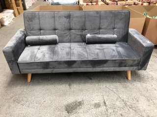 GREY VELVET FABRIC SOFA/SOFA BED WITH CUSHIONS & BROWN WOODEN LEGS: LOCATION - A5
