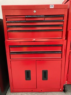 2 X 8 DRAWER METAL STACKABLE TOOL STORAGE BOXES IN RED WITH BLACK HANDLES: LOCATION - A1