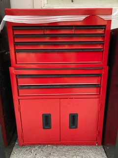2 X 8 DRAWER METAL STACKABLE TOOL STORAGE BOXES IN RED WITH BLACK HANDLES: LOCATION - A1
