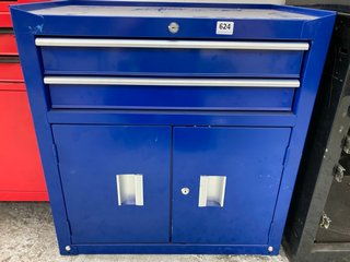 2 DRAWER CUPBOARD METAL TOOL STORAGE UNIT IN BLUE WITH SILVER HANDLES: LOCATION - A1