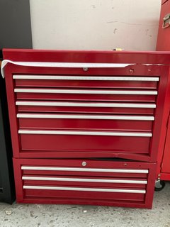 2 X 8 DRAWER METAL STACKABLE TOOL STORAGE BOXES IN RED WITH SILVER HANDLES TO INCLUDE KEYS: LOCATION - A1