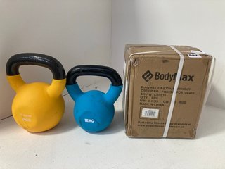 3 X ITEMS TO INCLUDE 2 X KETTLEBELLS 20/12KG ALSO TO INCLUDE BODYMAX 8KG KETTLE BELL: LOCATION - B1