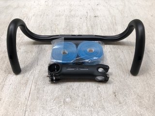 LEVEL BIKE HANDLEBAR IN BLACK TO INCLUDE LEVEL CARBON LOOK HANDLEBAR STEM AND PACK OF 2 HANDLEBAR GRIP TAPE IN BLUE - COMBINED RRP £88: LOCATION - AR5