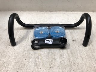LEVEL BIKE HANDLEBAR IN BLACK TO INCLUDE LEVEL CARBON LOOK HANDLEBAR STEM AND PACK OF 2 HANDLEBAR GRIP TAPE IN BLUE - COMBINED RRP £88: LOCATION - AR5