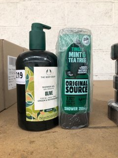 (COLLECTION ONLY) THE BODY SHOP OLIVE SHOWER GEL 750ML TO INCLUDE 6 X TINGLY MINT AND TEA TREE SHOWER GELS 250ML: LOCATION - AR14