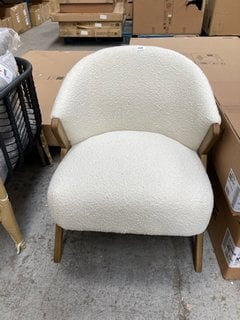 JOHN LEWIS & PARTNERS ACCENT ARMCHAIR IN IVORY BOUCLE AND DARK STAINED OAK FINISH: LOCATION - A3