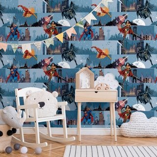 ADA KIDS COLLECTION, DC SUPER HEROES WALLPAPER, BLUE, 10 M ROLL - RRP £120: LOCATION - B1