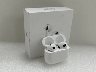 APPLE AIRPODS (3RD GENERATION) WITH MAGSAFE CHARGING CASE EARBUDS: MODEL NO A2565 A2564 A2566 (WITH BOX & CHARGER CABLE, MINOR COSMETIC IMPERFECTIONS) [JPTM113007] THIS PRODUCT IS FULLY FUNCTIONAL AN