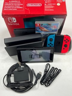 NINTENDO SWITCH 32 GB GAMES CONSOLE (ORIGINAL RRP - £259.00) IN RED/BLUE: MODEL NO HAC-001 (-01, BOXED WITH DOCK, JOYCONS, STRAPS, CONTROLLER, HDMI & POWER CABLE, VERY GOOD COSMETIC CONDITION. TO INC