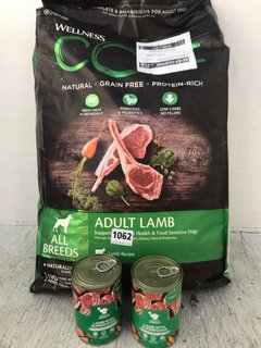 WELLNESS 10KG DRY ADULT DOG FOOD IN LAMB FLAVOUR - BBE: 16.03.2025 TO ALSO INCLUDE 2 X TINS OF BILLY & MARGOT SINGLE ANIMAL PROTEIN DOG FOOD IN LAMB WITH SUPERFOODS FLAVOUR - BBE 27.10.2025: LOCATION