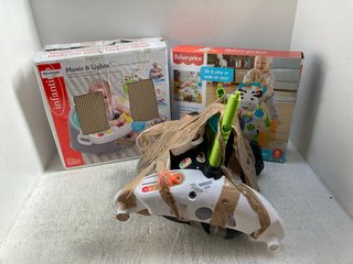 3 X ASSORTED ITEMS TO INCLUDE FISHER PRICE LEARN WITH ME ZEBRA WALKER AND INFANTINO MUSIC & LIGHTS 3 IN 1 DISCOVERY SEAT & BOOSTER: LOCATION - A3