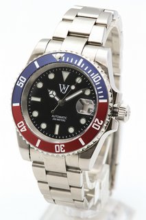 MEN'S WILLIAM JOURDAIN NH35 AUTOMATIC DIVING WATCH. FEATURING A BLACK DIAL, BLUE AND RED BEZEL, DATE, W/R 20ATM. SAPPHIRE CRYSTAL GLASS. STAINLESS STEEL CASE AND BRACELET. COMES WITH A PRESENTATION C