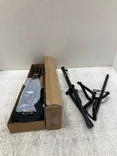 SMALL UKULELE IN BLACK TO INCLUDE SMALL GUITAR STAND IN BLACK: LOCATION - A9