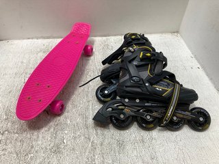 ROLLER BLADES IN BLACK TO INCLUDE SMALL SKATEBOARD IN PINK: LOCATION - A9