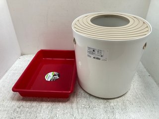 CAT LITTER BOX IN WHITE/BEIGE TO ALSO INCLUDE CAT LITTER TRAY IN RED: LOCATION - A10