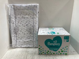 BOX OF PAMPERS HARMONIE NEW BABY NAPPIES TO ALSO INCLUDE BABY CHANGING MAT IN WHITE/GREY STARS: LOCATION - A10