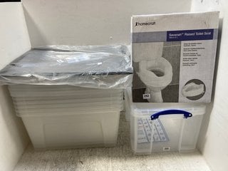 QTY OF ASSORTED ITEMS TO INCLUDE HOMECRAFT SAVANAH RAISED TOILET SEAT & 35 LITRE REALLY USEFUL CLEAR STORAGE BOX WITH LID: LOCATION - A12