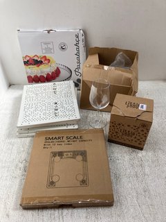 QTY OF ASSORTED ITEMS TO INCLUDE BOX OF 4 CLEAR PLASTIC REUSABLE WINE GLASSES & PASABAHCE PATISSERIE ROUND PLATTER: LOCATION - A13
