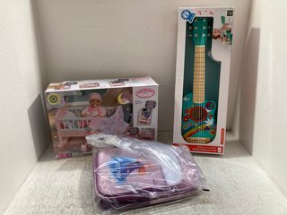 3 X ASSORTED ITEMS TO INCLUDE HAPE FLOWER POWER GUITAR GUITALELE AND BABY ANNABELL SWEET DREAMS CRIB: LOCATION - A1