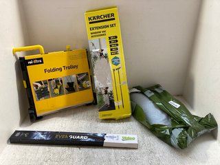 4 X ASSORTED ITEMS TO INCLUDE KARCHER EXTENSION SET WINDOW VAC ACCESSORIES AND ROLL-XTRA FOLDING TROLLEY: LOCATION - A1