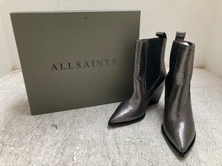 ALLSAINTS RIA SNAKE POINTED TOE LEATHER BOOTS IN GUNMETAL GREY - SIZE UK 6 - RRP £249: LOCATION - A*