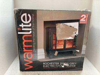 WARMLITE ROCHESTER 2000W GREY ELECTRIC STOVE HEATER, 180 DEGREE PANORAMIC VIEW WITH REMOTE CONTROL: LOCATION - A1
