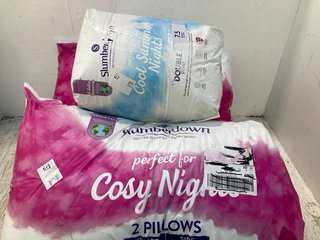 3 X ASSORTED BED ITEMS TO INCLUDE SLUMBERDOWN 2 PILLOWS AND SLUMBERDOWN DOUBLE DUVET: LOCATION - C11