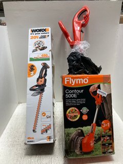 WORX 20V POWER SHAR HEDGE TRIMMER TO INCLUDE FLYMO CONTOUR 500E POWERFUL ELECTRIC GRASS TRIMMER: LOCATION - A2