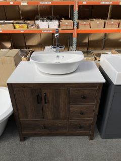 (COLLECTION ONLY) FLOOR STANDING 2 DOOR 4 DRAWER COUNTERTOP SINK UNIT IN DARK OAK 900 X 500MM WITH A 1TH CERAMIC BASIN COMPLETE WITH A MONO BASIN MIXER TAP & CHROME SPRUNG WASTE - RRP £940: LOCATION