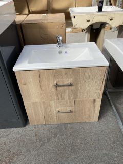 (COLLECTION ONLY) WALL HUNG 2 DRAWER SINK UNIT IN OAK EFFECT WITH A 610 X 400MM 1TH CERAMIC BASIN COMPLETE WITH A MONO BASIN MIXER TAP & CHROME SPRUNG WASTE - RRP £755: LOCATION - C3
