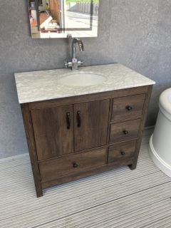 (COLLECTION ONLY) FLOOR STANDING 2 DOOR 4 DRAWER SINK UNIT IN DARK OAK WITH A 900 X 500MM LIGHT GREY MARBLE TOP WITH CERAMIC UNDERMOUNT BASIN, COMPLETE WITH A MONO BASIN MIXER TAP & CHROME SPRUNG WAS