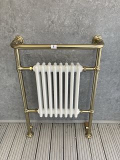 TRADITIONAL HEATED TOWEL RADIATOR IN BRUSHED BRASS WITH A 8 X 3 COLUMN CAST IRON STYLE CENTER IN WHITE 930 X 640MM - RRP £580: LOCATION - PHOTO BOOTH