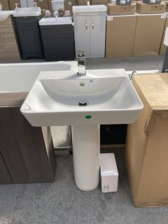(COLLECTION ONLY) 500MM WIDE 1TH CERAMIC BASIN WITH FULL PEDESTAL COMPLETE WITH A WATERFALL SPOUT MONO BASIN MIXER TAP & CHROME SPRUNG WASTE - RRP £440: LOCATION - C3