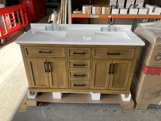 OVE DECORS FLOOR STANDING 4 DOOR 5 DRAWER TWIN SINK UNIT IN ALMOND LATTE WITH A WHITE ROCK GRANITE TWIN COUNTERTOP WITH BACKSPLASH PRE-DRILLED FOR 3TH BASIN MIXERS, TOP COMES COMPLETE WITH 2 CERAMIC