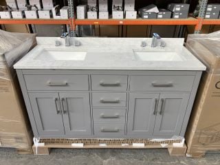(COLLECTION ONLY) OVE DECORS FLOOR STANDING 4 DOOR 5 DRAWER TWIN SINK UNIT IN AMERICAN GREY WITH A WHITE MARBLE TWIN COUNTERTOP WITH BACKSPLASH PRE-DRILLED FOR 3TH BASIN MIXERS, TOP COMES COMPLETE WI