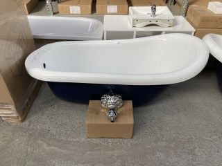 1550 X 750MM TRADITIONAL ROLL TOPPED SINGLE ENDED SLIPPER STYLE BATH IN ROYAL BLUE WITH CHROME CLAW & BALL FEET - RRP £1009: LOCATION - C2
