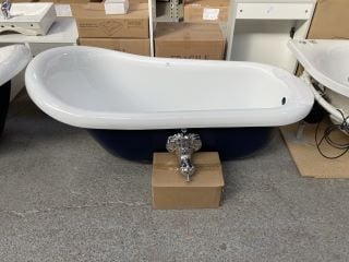 1550 X 750MM TRADITIONAL ROLL TOPPED SINGLE ENDED SLIPPER STYLE BATH IN ROYAL BLUE WITH CHROME CLAW & BALL FEET - RRP £1009: LOCATION - C2