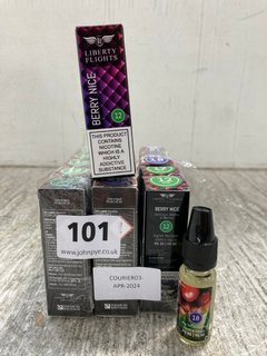 QTY OF ASSORTED VAPING ITEMS TO INCLUDE LIBERTY FLIGHTS BERRY ICE VAPE LIQUID (PLEASE NOTE: 18+YEARS ONLY. ID MAY BE REQUIRED): LOCATION - WH3