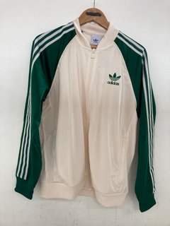 ADIDAS EMBROIDERED LOGO BOMBER JACKET IN CREAM AND GREEN SIZE LARGE- RRP £151: LOCATION - WH3