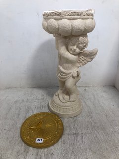 CUPID STYLE GARDEN STATUE TO INCLUDE POLISHED BRASS MINI SUNDIAL: LOCATION - H10