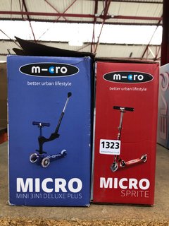 MICRO SPRITE SCOOTER IN RED TO INCLUDE MICRO MINI 3 IN 1 DELUXE PLUS SCOOTER IN BLUE: LOCATION - BR11