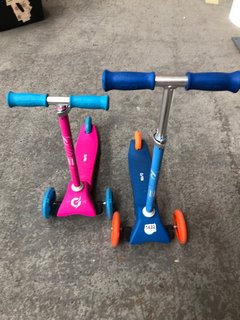 2 X EVO MINI SCOOTERS 1 IN BLUE/ORANGE AND 1 IN PINK/BLUE: LOCATION - BR15