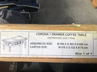 CORONA 1 DRAWER COFFEE TABLE IN DISTRESSED GREY PINE: LOCATION - B5T