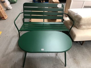 JOHN LEWIS & PARTNERS GARDEN METAL 2 SEATER BENCH WITH MATCHING COFFEE TABLE IN GREEN METAL FINISH: LOCATION - A7