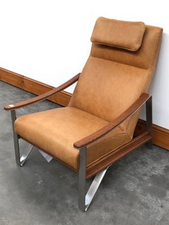 JOHN LEWIS & PARTNERS TILT HIGH BACK LEATHER LOUNGER ARMCHAIR IN TAN AND WALNUT WITH STAINLESS STEEL FRAME - RRP £1199: LOCATION - A3
