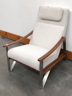JOHN LEWIS & PARTNERS TILT HIGH BACK LOUNGER ARMCHAIR IN IVORY BOUCLE AND WALNUT WITH STAINLESS STEEL FRAME - RRP £849: LOCATION - A3
